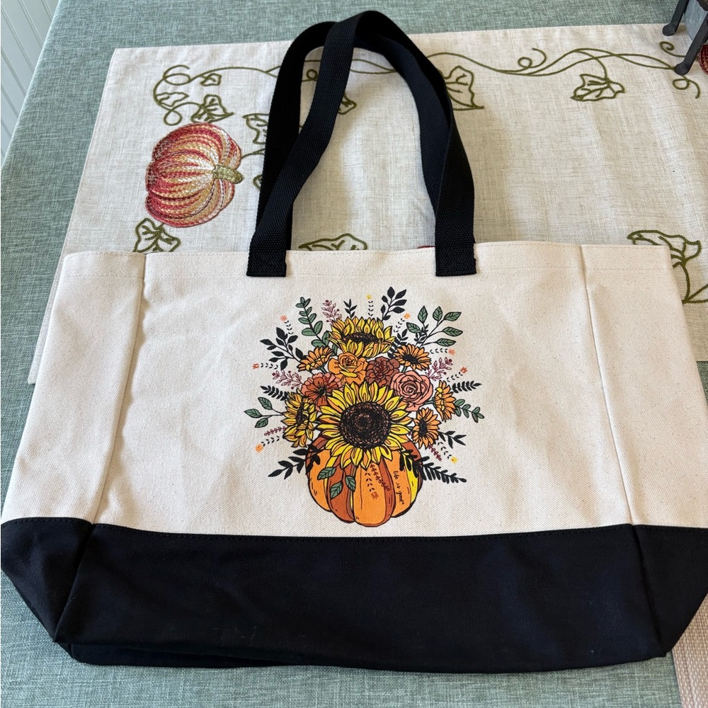 LIFE IS GOOD Fall Floral Pumpkin Canvas Tote Bag